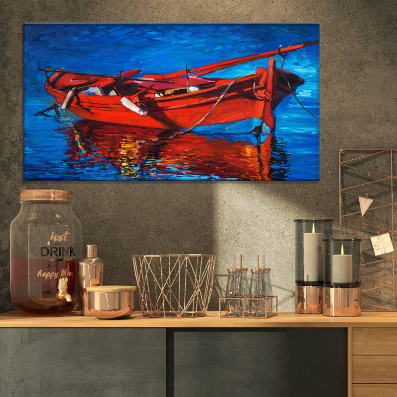 « red bateau over the ocean », peinture, H 16 po x l 32 po x P 1 po, Toile tendue