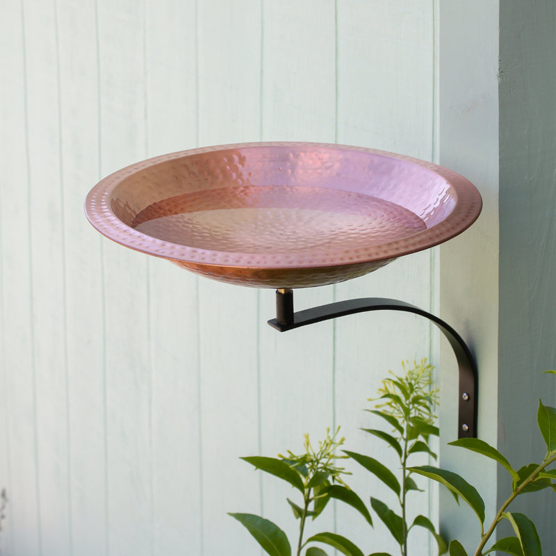 Hammered Solid Copper Birdbath with Wall Mount Bracket