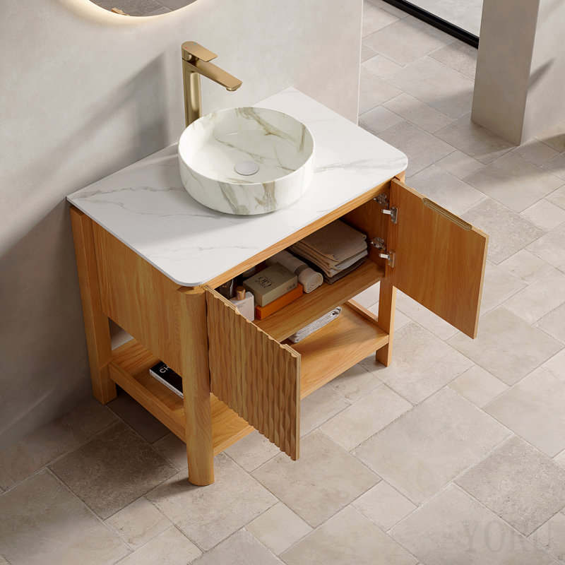 Meuble-lavabo de 76 cm avec lavabo intégré, armoire de rangement autoportante en contreplaqué avec 2 portes à effet bambou et étagère ouverte, lavabo rond en céramique blanche et comptoir en pierre frittée blanche de Carrare, couleur grain de bois