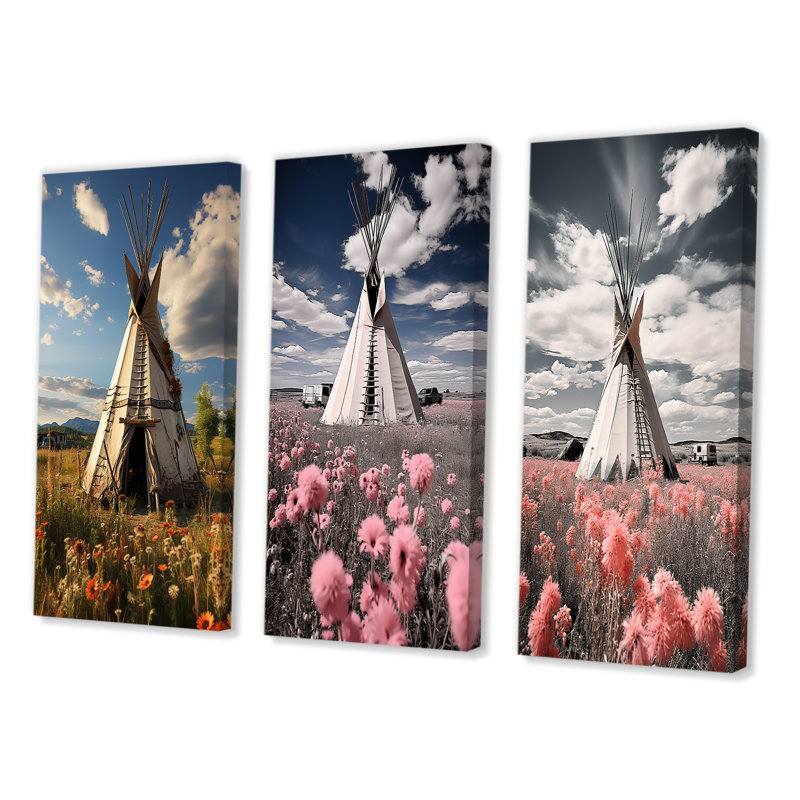«Coral Beige Native Tipi Serenitys Refuge», 3 pièces sur toile, Toile tendue, H 28 po x l 36 po