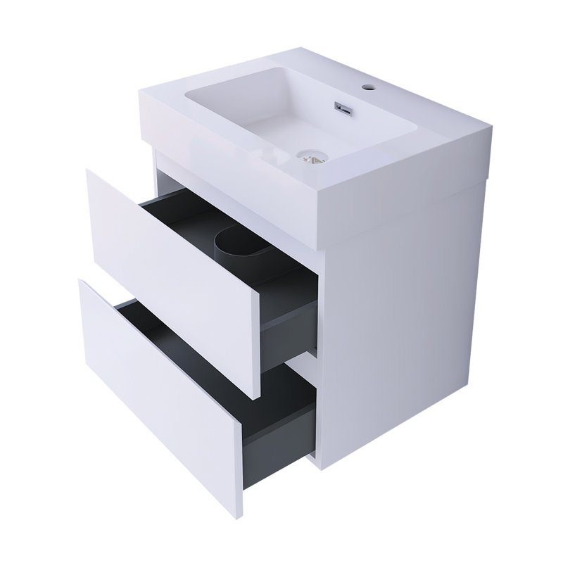24 po Meuble-lavabo mural à simple cuve W, Blanc, Blanc