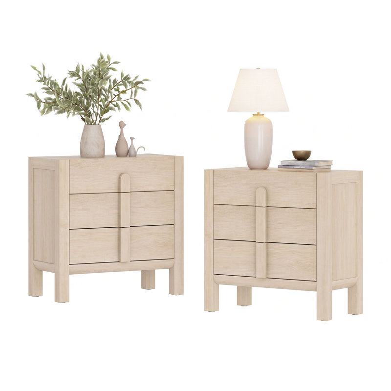 Mid-Century Modern Nightstand Set Of 2, 31.5" Large End Table With 3 Drawers ,, Wooden Bedside Table Storage Cabinet For Bedroom, Living Room,Entryway