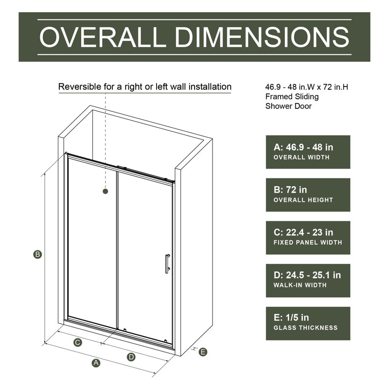 72.In H X 48.In W Shower Door - Tempered Glass, Black Handle, Adjustable, & Aesthetics Matt Single Sliding W, 1/5 Inch Construction