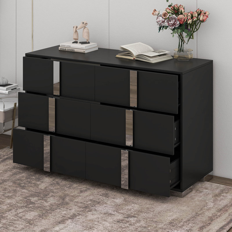 Commode élégante avec pieds en métal et armoire de rangement à miroir avec 6 tiroirs, Noir