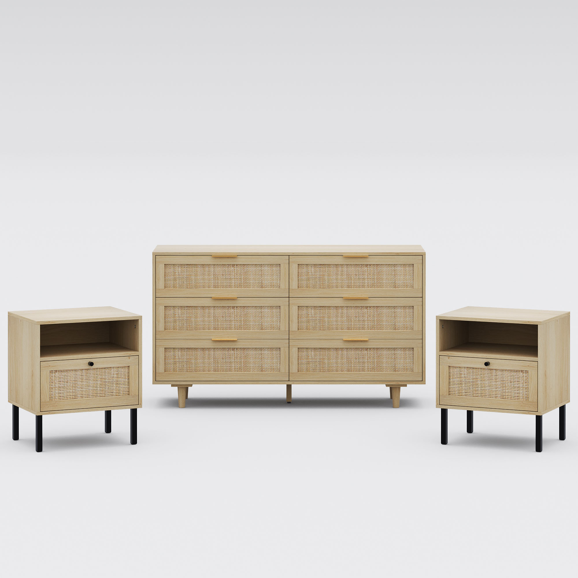3-Piece Bedroom Set, 47 Inch Rattan 6 Drawer Dresser & Nightstand Set of 2