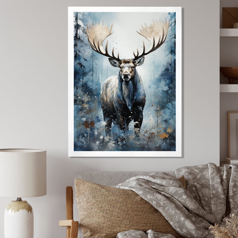 Symphonie axoise sur fond d'orignaux sur fond bleu, Cadre photo blanc, H 40 po x l 30 po x P 1,5 po