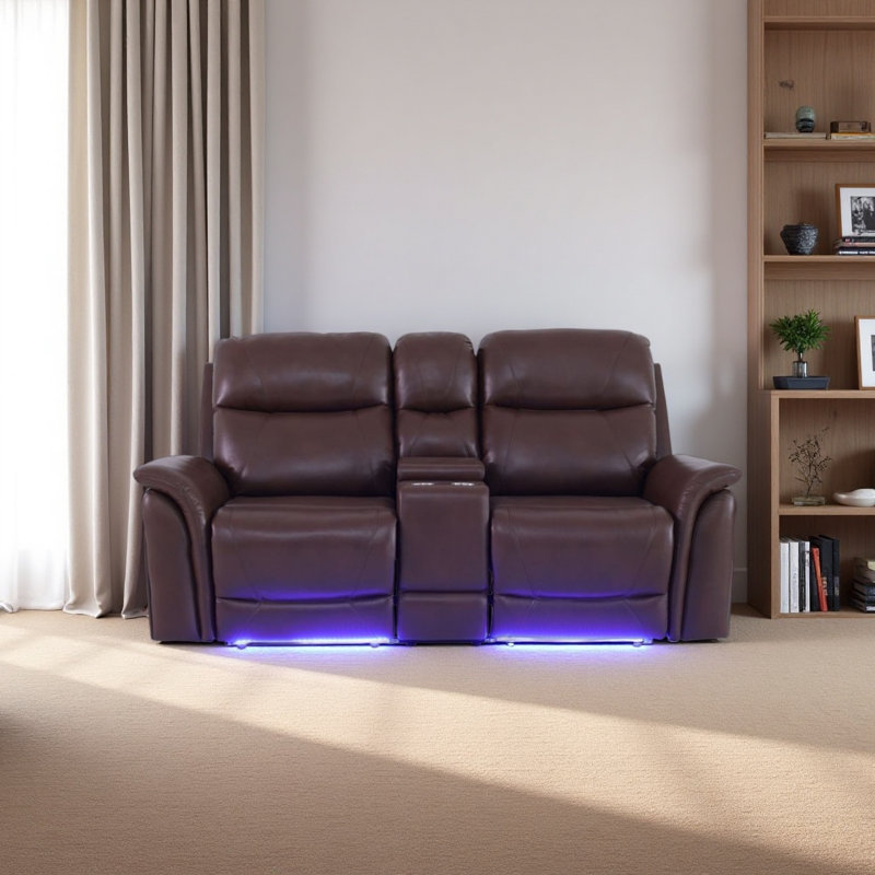 Causeuse inclinable 78 po en cuir avec console de rangement, USB et DEL