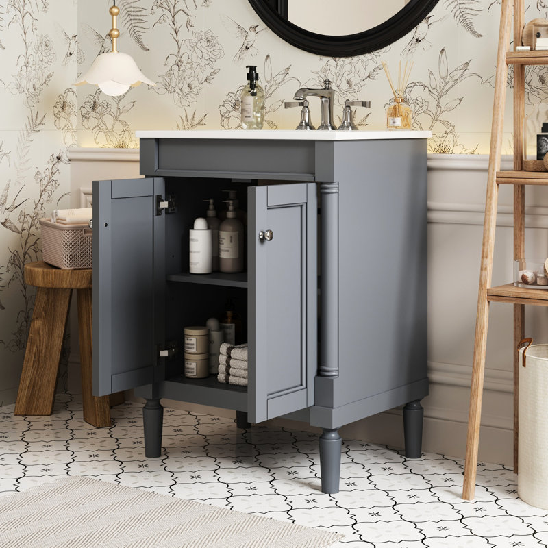 Meuble-lavabo de 24 po de style rétro, charnières à fermeture en douceur, cadre en bois massif, grand espace de rangement,