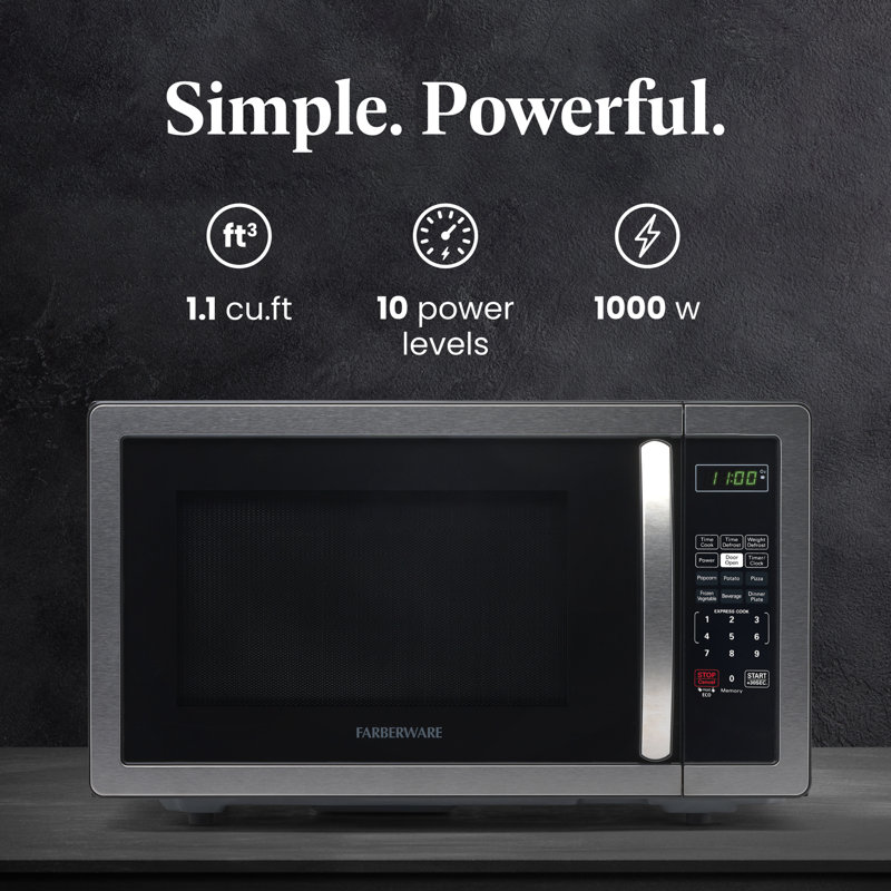 Farberware Classic Countertop Microwave Oven, 1.1 Cubic Feet cu. ft., 1000 watts, with Child Lock, Stainless Steel