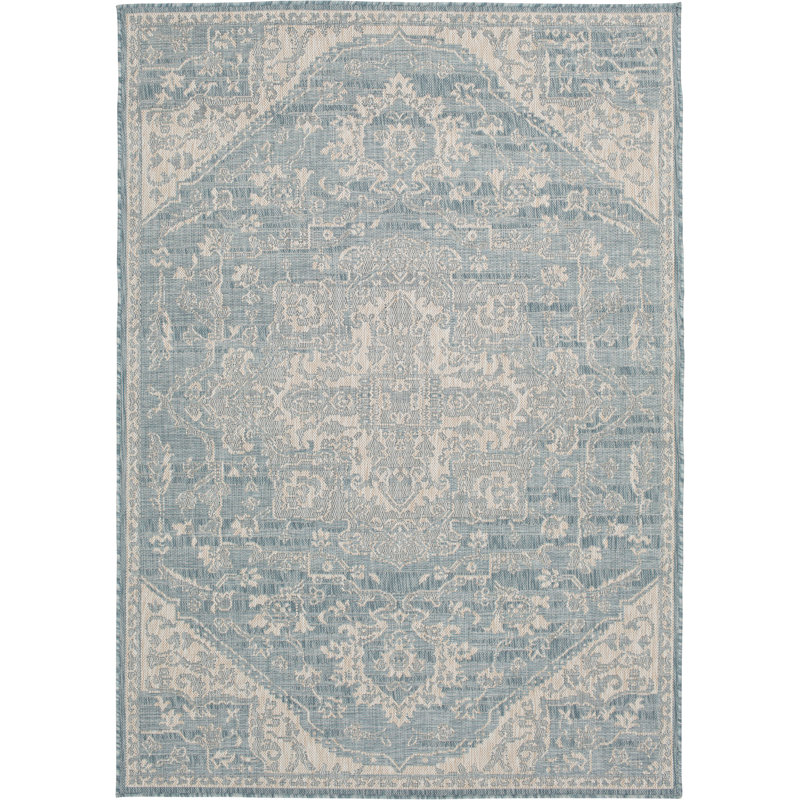Dakota Fields Huriye Blue/Grey Distressed Indoor/Outdoor Polypropylene Area Rug, Rectangle 4'11.1" x 6'11.9"
