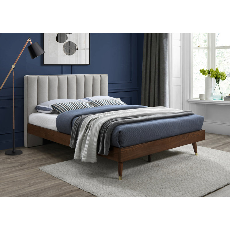 Lit plateforme tapissier Scholz, Très grand lit, Tissu beige texturé en lin