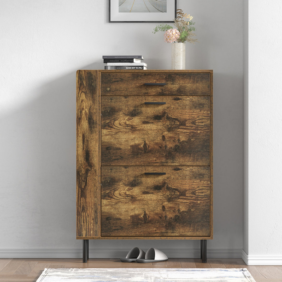 Shoe Storage Cabinet with 2 Flip Drawers and Side Shelves, Entryway Organizer with Metal Legs Millwood Pines