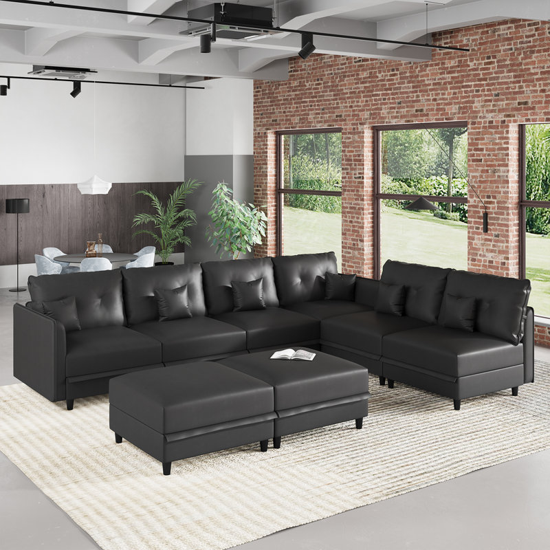 Tomario Upholstered L-Shaped Sectional Reversible, Black Faux Leather