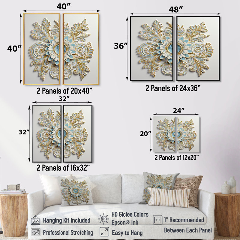 «White Blue Stylish Boho Floral Arrangements», art mural sur toile blanche, H 40 po x l 40 po, Impression encadrée flottante