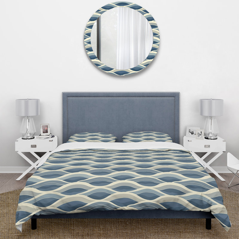Ensemble de housse de couette bleu beige Midcentury Waves II - Midcentury, Housse de couette très grand + 2 taies décorativ
