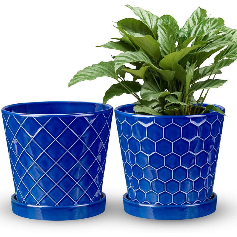 2-Piece 6" Sapphire Blue Ceramic Plant Pots (Drainage + Saucer)