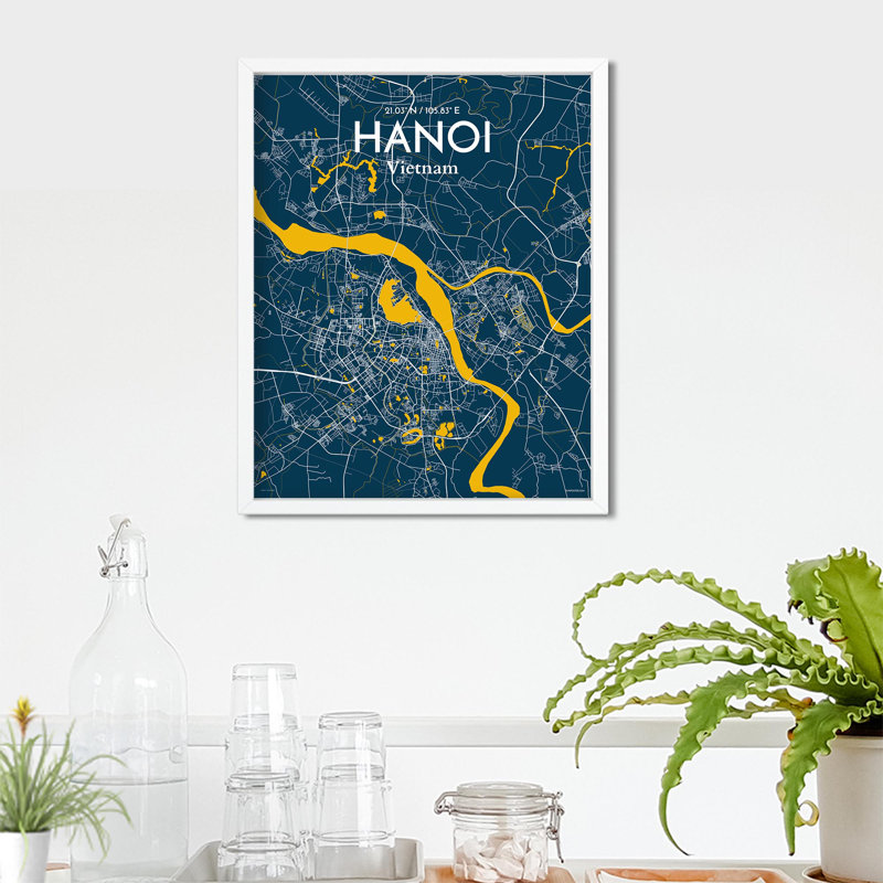 Hanoi, carte de la ville, impression, Bleu / jaune, H 20 po x l 16 po