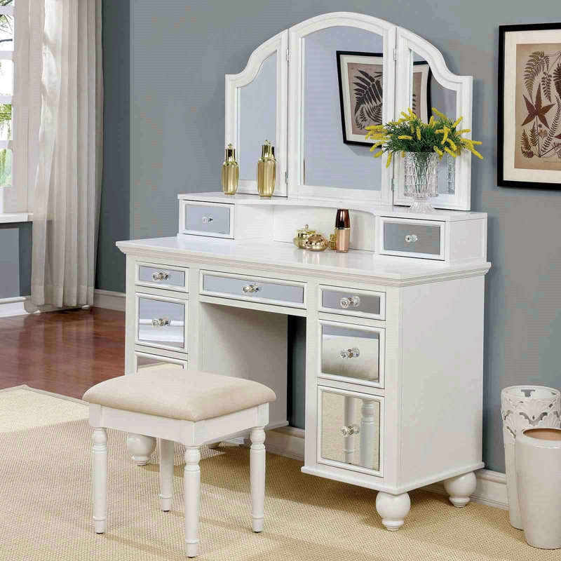 Transitional Style 1Pc Vanity W/ Stool Set Knob Handles Storage Drawers 3-Sidded Mirror Bedroom Furniture, White