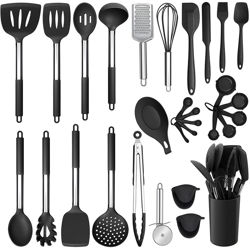Ensemble de 30 ustensiles de cuisine en silicone, acier inoxydable, résistant à la chaleur antiadhésif, noir
