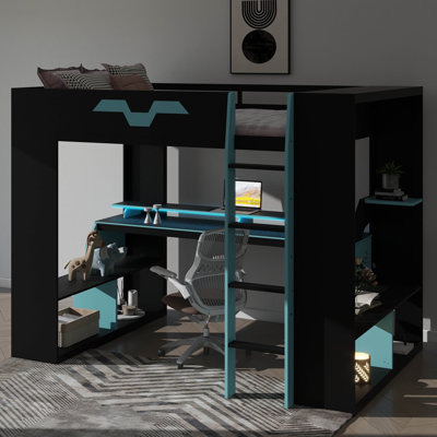 Lit mezzanine double en bois pleine grandeur avec prise de courant et connecteurs USB / Type-C, organisateur de câbles intégré et éclairage RVB