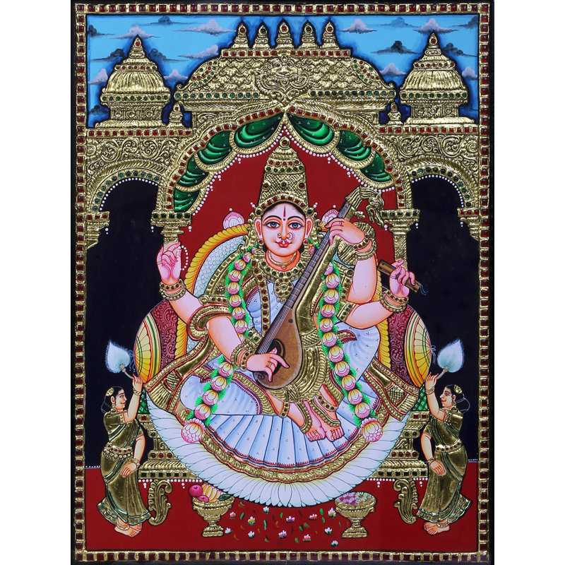 Déesse Saraswati jouant Veena Tanjore, peinture | Couleurs traditionnelles avec or 24 carats | Structure en bois de teck