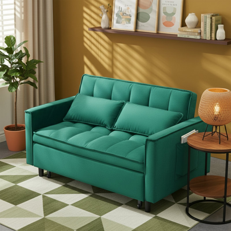  Canapé-lit en velours l 55 po - Causeuse convertible 3-en-1 - Lit d'invité compact, Vert