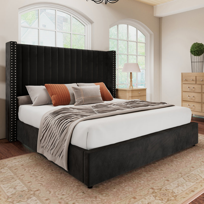 Olivea Queen Bed Frame Lift Up Storage Bed, Velvet Queen Upholstered Bed Frame, Black