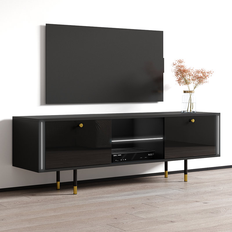 Meuble télé 63 po avec finition ultrabrillante, Noir