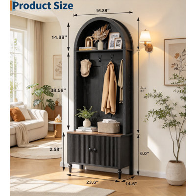 70.08-inch mudroom storage hall tree with bench and coat rack, fitted with 4 double hanging hooks and 2 textured fluted doors, dedicated hallway organizer, black color
