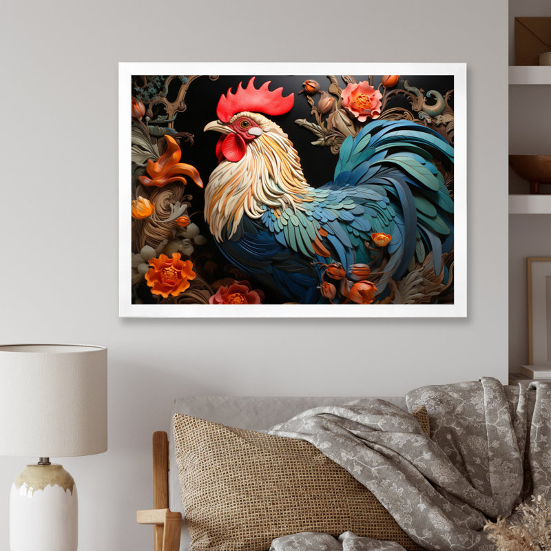" Blue Rooster With Orange Flowers ", White Single Picture Framed, 12" H x 20" W x 1" D