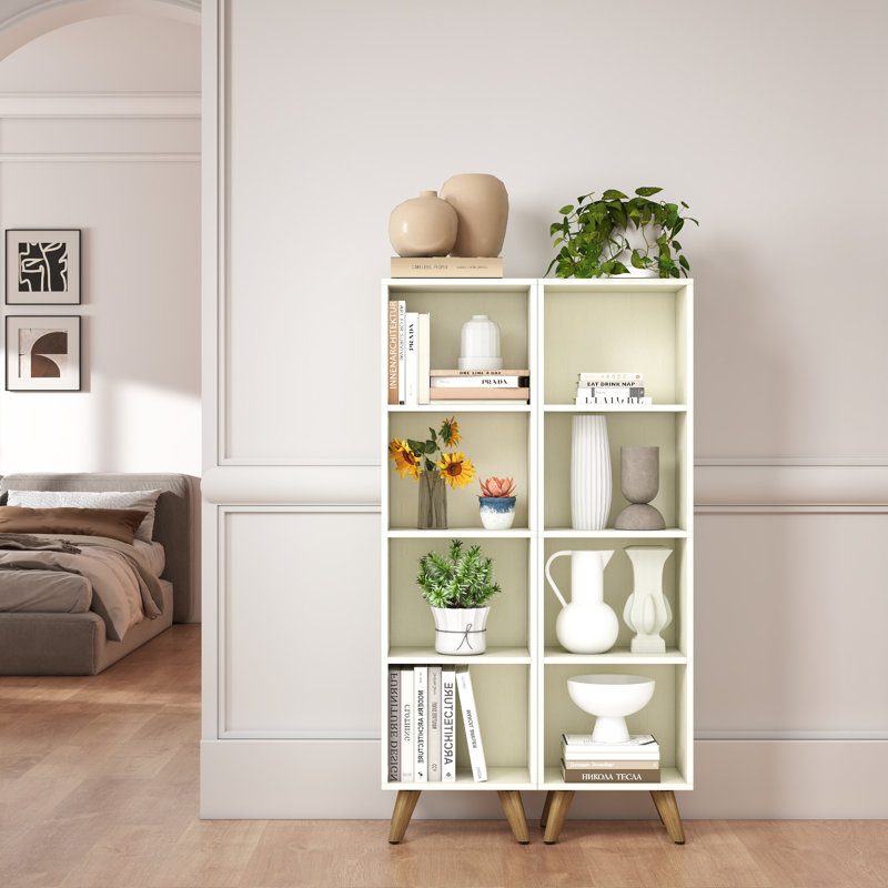 Bibliothèque à 4 tablettes avec tablettes réglables et pieds en bois massif Ronald, Blanc