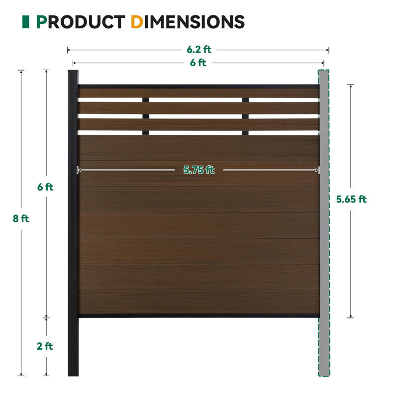 Panneau de clôture semi-fermé en composite 8 pi avec poteau (H 2 pi, Groud 6 pi), Brun, 1