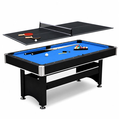 Table de billard et de ping-pong combinée Hathaway Spartan - Table de jeu 2 en 1 avec plateau de ping-pong amovible - Ensemble d'accessoires complet - Coins chromés, finition noire, tapis bleu