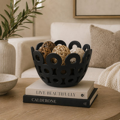 Laura Round Bowl with Circular Cutout Patterns, Black Ceramic 11 Inch
