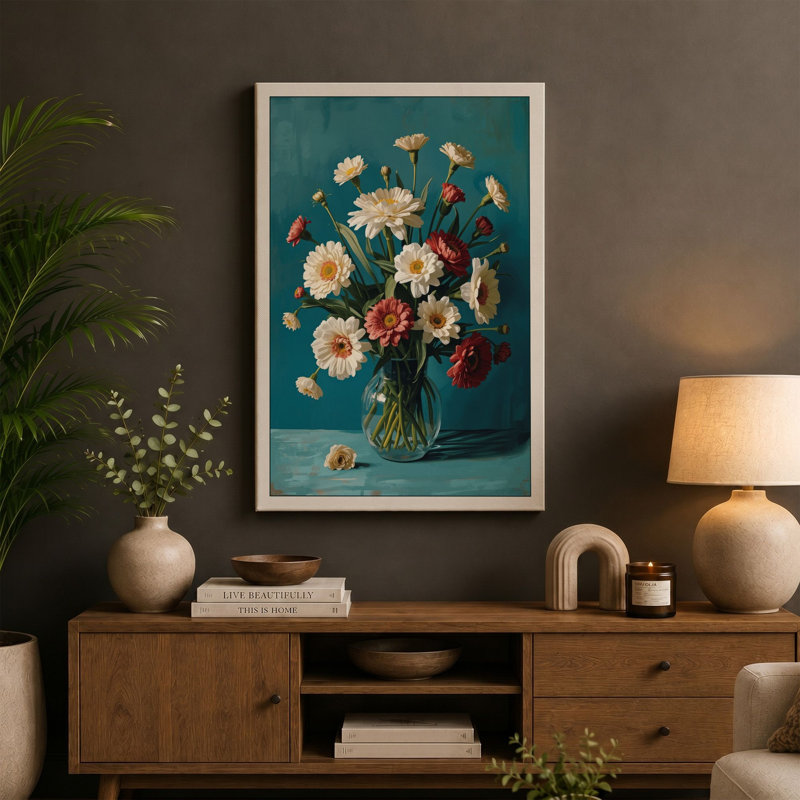 Blooms in Teal Botanical - Wrapped Canvas, 24x16 - 61.0 x 40.6 cm, Terracotta Border
