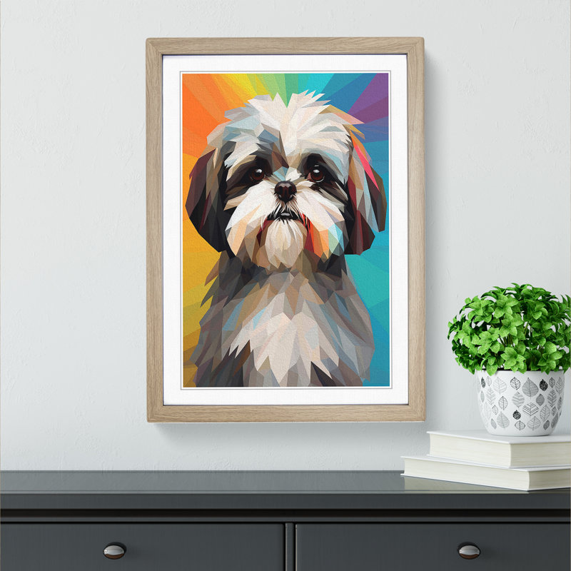 Shih Tzu Geometric No.2 - Single Picture Frame Print on Wood, 34cm H x 25cm W x 2cm D, Oak