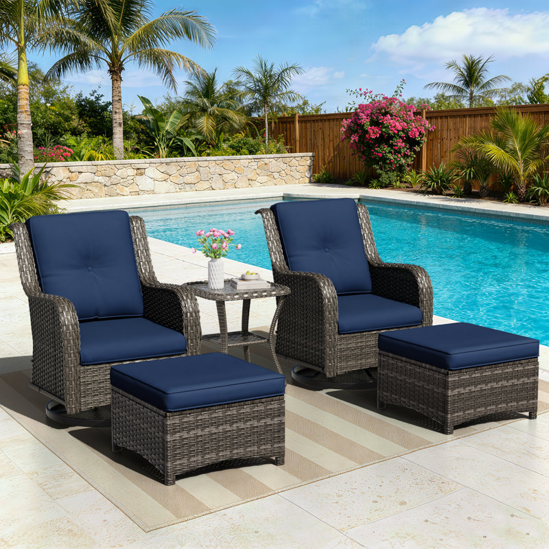 Ensemble de conversation en rotin pour 2 personnes avec 2 repose-pieds, 2 fauteuils pivotants et coussins bleus, Bleu