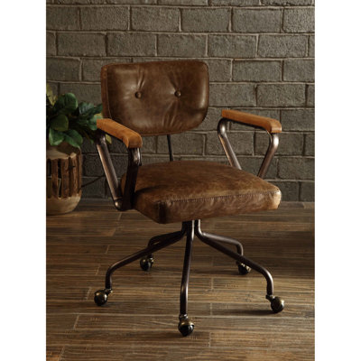 Style de chaise de bureau rétro, siège pivotant, siège rembourré en cuir fleur et garniture cloutée, base en métal 5 étoiles avec roulement, accoudoir en bois de 26 po de hauteur, assise de 20 po de largeur, produit de 32 po