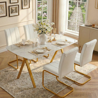 Rectangular Dining Table Featuring A Tempered Glass Tabletop With A Marble-Patterned Design And Golden Metal Legs, Ideal For Restaurant Dining Settings.