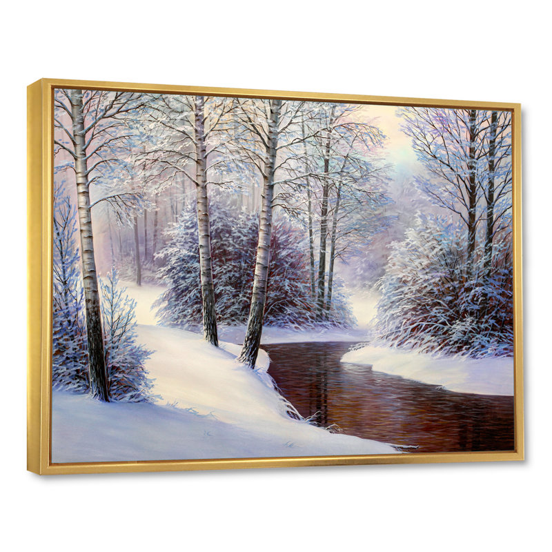 Forêt de Noël avec rivière II - art mural traditionnel sur toile, H 8 po x l 12 po x P 1 po, Toile avec cadre flottant or