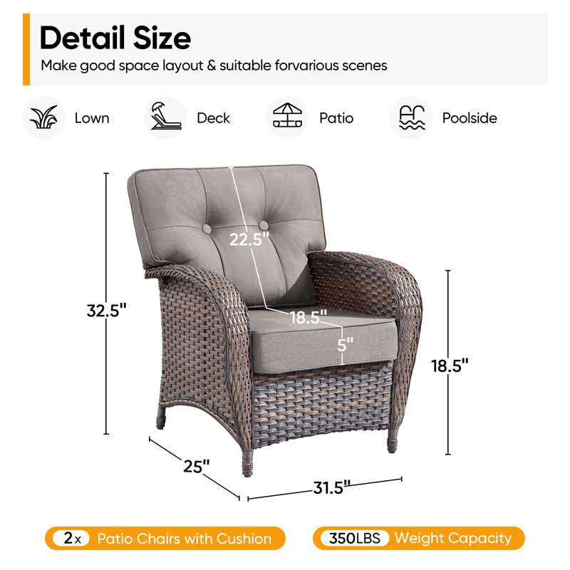 Chaise longue d'extérieur en osier Fiorillo avec coussins de patio épais de 5 po (ensemble de 2), Gris
