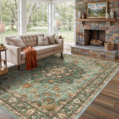 Washable Oriental Area Rug - Rugs for Living Room Soft Carpet for Bedroom Waterproof Floral Distressed Indoor Stain Resistant Non-Shedding Floor Carpets (Green)