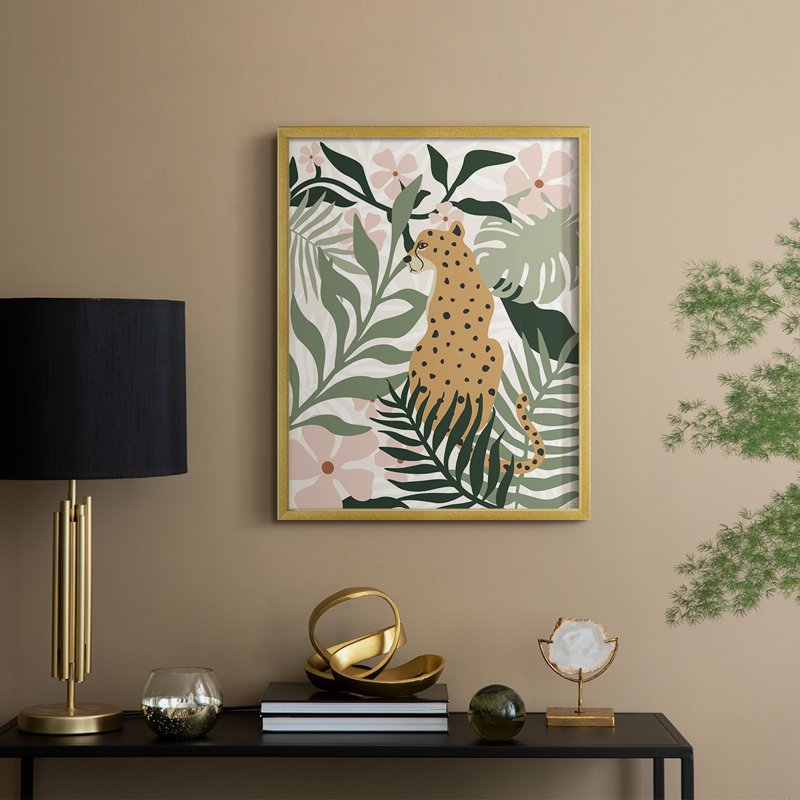 Jungle Cat II Framed Print - Solid Wood, 15" H x 12" W, Gold