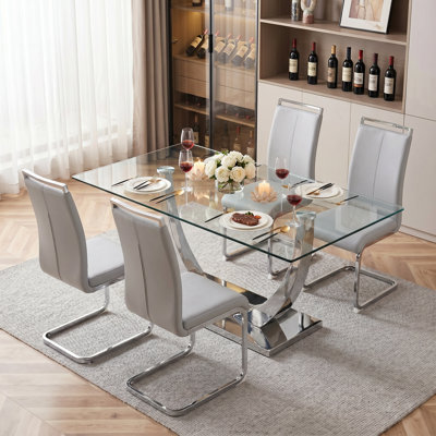 Modern 63" Rectangular Tempered Glass Dining Set with Faux Leather Cantilever Chairs
