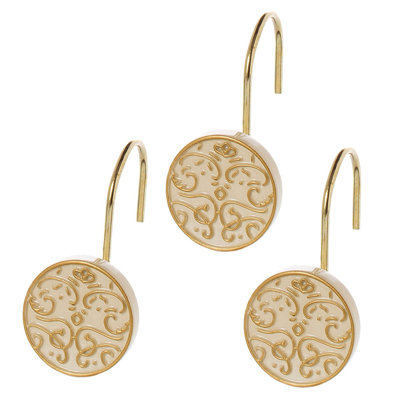 Crochets de rideau de douche décoratifs dorés - Ensemble de 12 crochets de douche beige avec rideaux de douche dorés - Anneaux de douche coulissants robustes et robustes