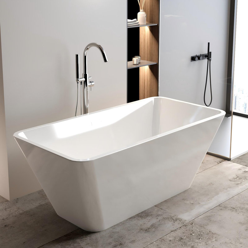 66" x 31.5" Freestanding Soaking Acrylic Bathtub Rectangular with Chrome Overflow and Pop-up Drain, Glossy White