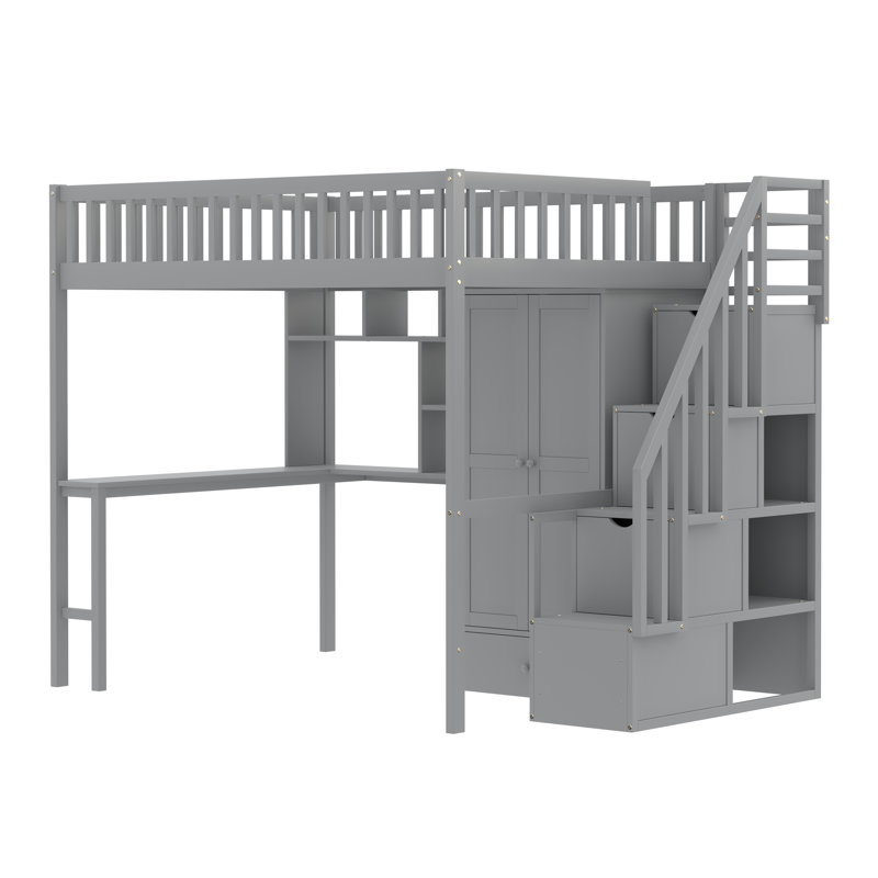 Lit mezzanine double avec bureau intégré Heartlee, gris