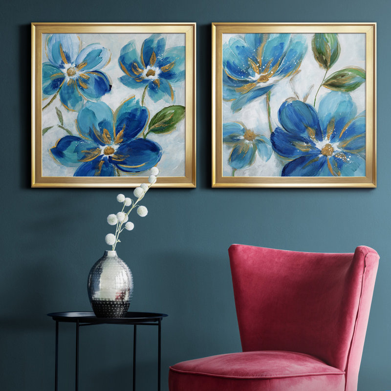 «Flowering Blues I», peinture sur toile 2 pièces, Cadre doré, H 30,5 po x l 61 po x P 1,5 po