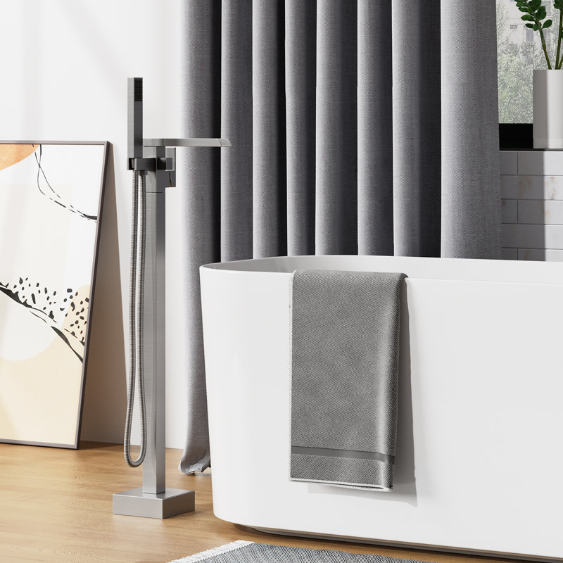Robinet de baignoire à fixation au sol en nickel brossé avec bec cascade et douche à main, ensemble de garniture de robinet de baignoire pour installation de luxe
