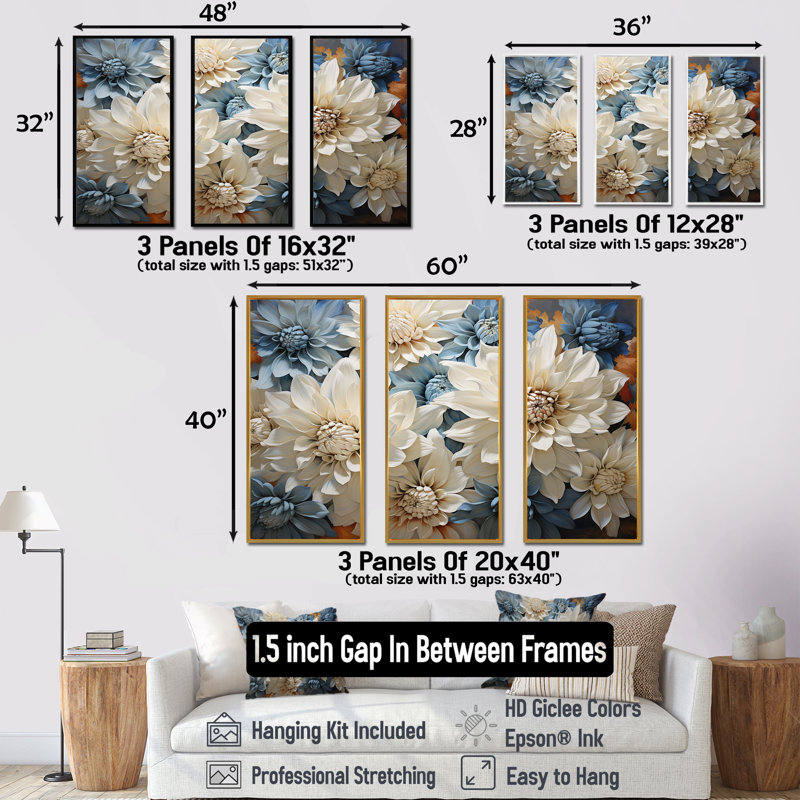 Ensemble de salon mural blanc et bleu Chrysanthemums, Cadre flottant noir, H 32 po x l 48 po x P 1 po